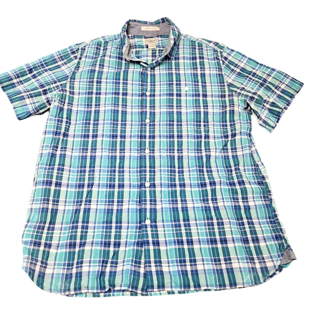 LL Bean Plaid Short Sleeve Shirt L Slightly Fitted Teal Blue Resort Travel